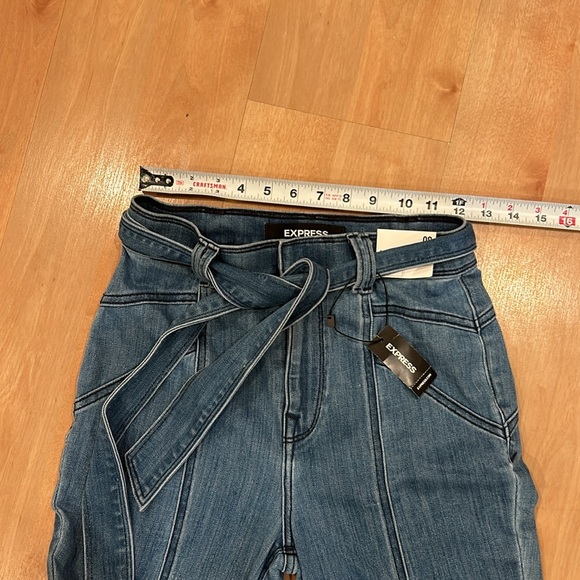 Express women’s Bell Flare Jeans Size OS Super High Rise Tie Waist Stretch Blue - Picture 5 of 8